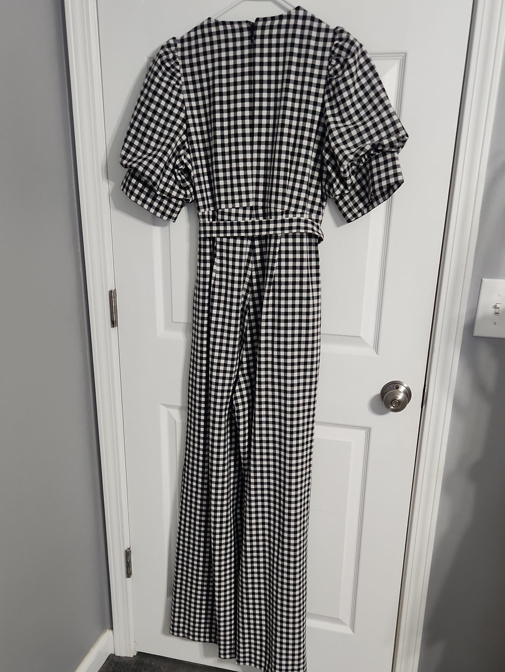 NWOT. NY&CO. Gingham Puff Sleeve Wide-leg Jumpsuit Sz.M Black/White - Picture 12 of 15
